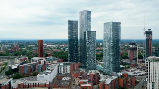 Современные Здания Manchester Deansgate Вид Воздуха Manchester United Kingdom August — стоковое видео