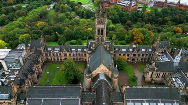 Glasgows Universitet Historisk Huvudbyggnad Uppifrån Flygvy Glasgow Förenade Kungariket Oktober — Stockvideo