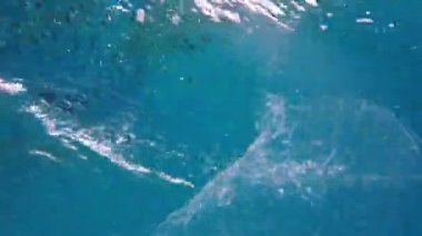 Denizde çöp. Denizin plastik kirliliği. Kullanılmış, şeffaf plastik torba güneş ışığında yavaşça suyun altında sürükleniyor. Arka ışıklandırma. Plastik atık çevresel kirlilik sorunu