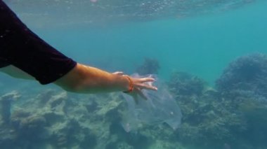 Denizde çöp. Gönüllü, genç kız, şnorkel maskeli, mercan resifinin üzerinde yüzen çöpleri topluyor, sürüklenip duran plastik torbalar. Deniz ya da okyanus kirliliği. çevre koruması.