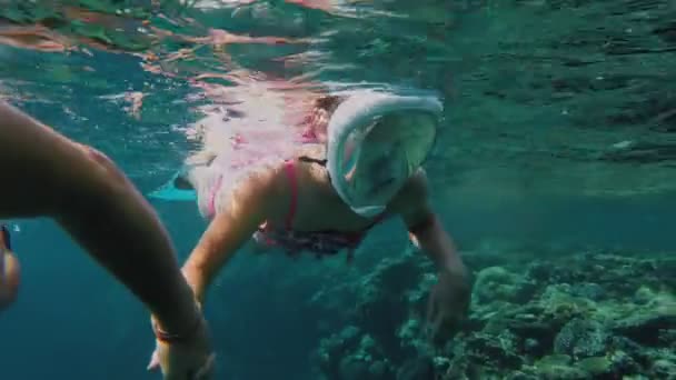 Šnorchlování. Plavání. potápění. dospívající dívka, v šnorchlovací masce, zkoumá podmořský svět. korálový útes s nespočetnými barevnými, exotickými, útesovými rybami. podvodní korálový útes. — Stock video
