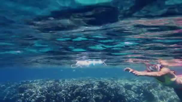 Recolher lixo no mar. Voluntária, adolescente menina, em uma máscara de snorkeling, coleta lixo flutuante, usado, à deriva debaixo d 'água, máscaras médicas. poluição do mar. protecção do ambiente. — Vídeo de Stock