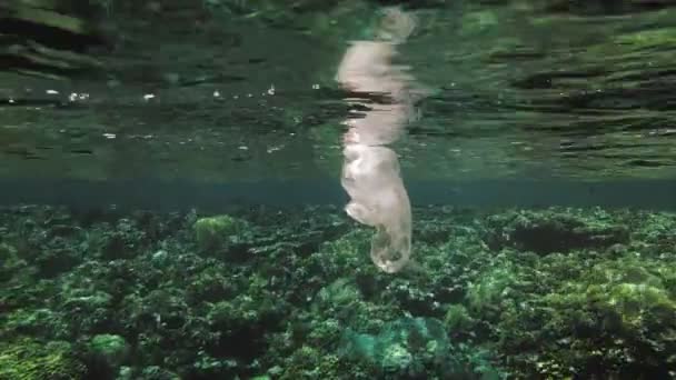 Garbage in the sea. Plastic pollution of the sea. used, white plastic bag slowly drifting over the coral reef, underwater in the sun lights. Plastic garbage environmental pollution problem — Stock Video