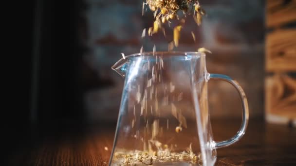 Tisana. bevanda di tè. tè alla camomilla. preparazione di tisane. primo piano. tè di camomilla secca viene versato in teiera di vetro. fabbricazione di bevande calde alle erbe. — Video Stock