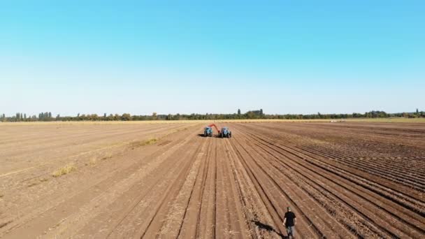 CHERKASSY, UKRAJINA, 24. září 2021: sklizeň brambor. Sklizeň brambor. Zemědělské stroje, traktor s bramborovým kombajnem, sklízejí brambory na farmě. Chytré zemědělství. letecký pohled. slunečno — Stock video