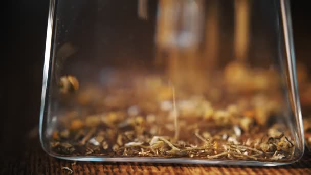 Τσάι από βότανα. Τσάι ποτό. χαμομήλι. τσάι από βότανα. Κοντινό πλάνο. ξηρό χαμομήλι τσάι χύνεται σε γυάλινο τσαγιέρα. παρασκευή φυτικού ζεστού ροφήματος. — Αρχείο Βίντεο
