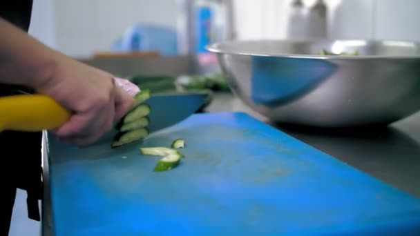 Cucinare. Lo chef taglia le verdure. ristorante cucina a buffet. primo piano. lo chef affetta cetriolo fresco in piccoli pezzi con tagliente, grande coltello da cucina su tavola di plastica. — Video Stock