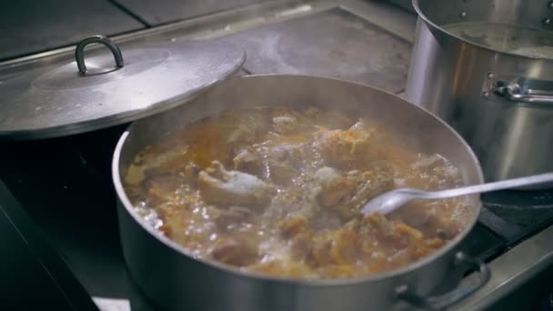 Koken. Stoofpot. Buffetrestaurant keuken. Een close-up. Het eten dampt, kokend in de pot. Bereiding en koken van voedsel in een commerciële keuken. — Stockvideo