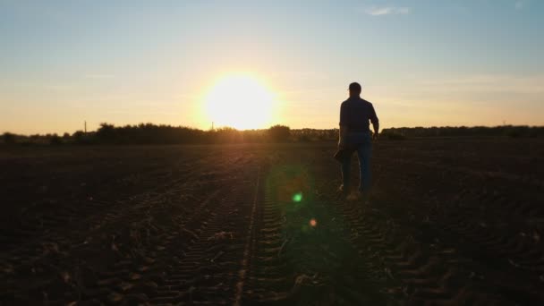 Silhouette de fermier. Marche humaine sur un champ agricole, au coucher du soleil. en contre-jour. agriculture — Video