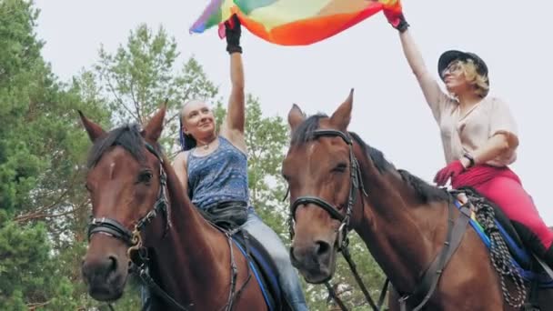 "Радужный флаг". однополые отношения. молодая, лесбийская, однополая пара занимается совместным хобби, верховой ездой. счастливые женщины веселятся, держа радужный флаг, развевающийся на ветру. — стоковое видео