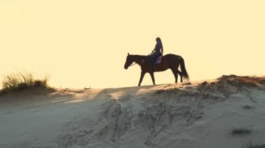 Ata binmek. At sevgisi. Atlı kadının silueti, sıcak yaz güneşlerinde gün batımında kumlu tepede ata biniyor. arkaplan.