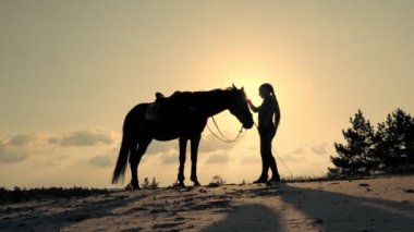Ata binmek. At sevgisi. Genç bir kadın ve atının siluetleri, gün batımında, gökyüzünde arka planda ve güneş ışınları arka planda. İnsan ve at arasındaki dostluk. Eşitlik.