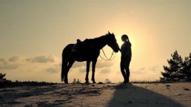 Ata binmek. At sevgisi. Genç bir kadın ve atının siluetleri, gün batımında, gökyüzünde arka planda ve güneş ışınları arka planda. İnsan ve at arasındaki dostluk. Eşitlik.