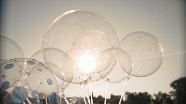 風船だ。接近中だ。多くの透明な気球は空に向かっています. — ストック動画