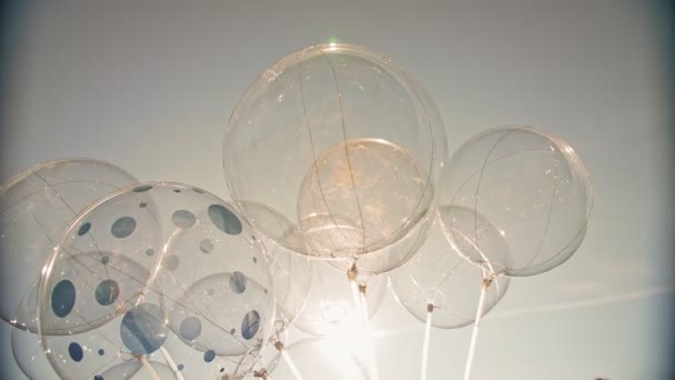 Luftballons. Nahaufnahme. viele transparente Ballons sind gegen den Himmel gerichtet, im Gegenlicht. — Stockvideo