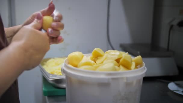 Cuisiner. couper la pomme de terre crue. restaurant buffet cuisine. Gros plan. le chef hachant les pommes de terre crues en petits morceaux avec un grand couteau de cuisine pointu sur une planche de plastique. — Video