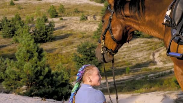 Ιππασία. Αγάπης αλόγων. Πορτρέτο, κοντινό πλάνο. νεαρή γυναίκα και το άλογό της, αναπαύονται σε αμμώδη λόφο, πανύψηλα πάνω από πευκοδάσος, το ηλιοβασίλεμα, σε ζεστές ακτίνες του ήλιου το καλοκαίρι. — Αρχείο Βίντεο