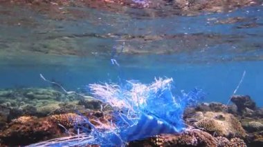 Denizde çöp. Denizin plastik kirliliği. Mavi plastik poşet güneş ışığında yavaşça suyun altında sürükleniyordu. Arka ışıklandırma. Plastik atık çevresel kirlilik sorunu