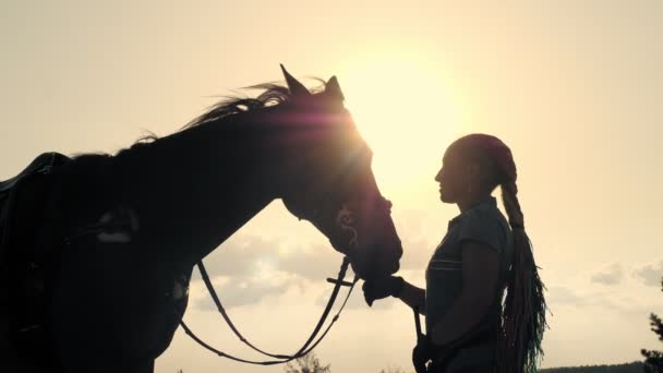 Reiten. Pferdeliebe. Silhouetten einer jungen Frau und ihres Pferdes, bei Sonnenuntergang, auf dem Himmelshintergrund und im Gegenlicht der Sonnenstrahlen. Freundschaft zwischen Mensch und Pferd. Pferdesport.