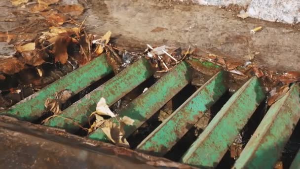 Alcantarillado. deshielo primaveral en la ciudad. derretir los flujos de agua en los arroyos en el drenaje de la calle del sistema de alcantarillado de la ciudad. — Vídeos de Stock