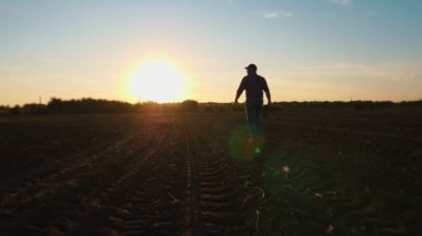 Çiftçi silueti. Günbatımında tarımda yürüyen insanlar. Arkadaki ışıkta. çiftçilik