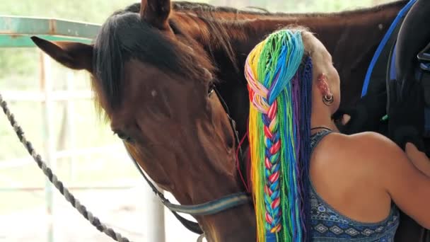 Imigrační komunita. duha. péče o koně. Jezdec dívka, s duhovými vlasy, zajišťuje sedlo ke koni. Bisexuální, transgender nebo lesbická žena. jezdecký sportovní koníček. — Stock video
