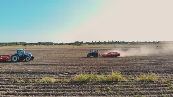감자 수확. 감자 수확기. 농기구 , 트랙터 및 감자 수확자들은 농장에서 감자를 수확하고 있다. 영리 한 농업. 공중에서 본 풍경. 화창 한 가을 날 — 비디오