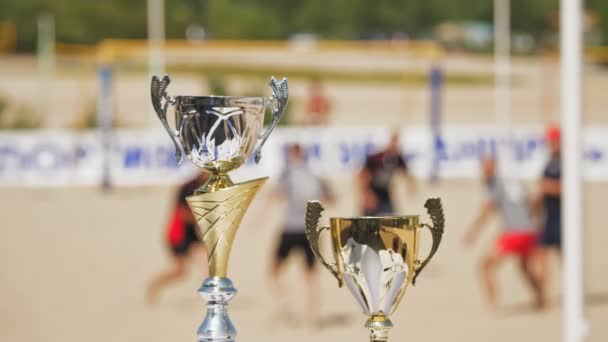 Siegerpokal. Goldbecher. Nahaufnahme. Hintergrund verschwommen. Ballspiel der Mannschaft im Strandstadion an einem sonnigen Sommertag — Stockvideo