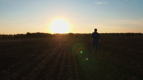 Silhouette de fermier. Marche humaine sur un champ agricole, au coucher du soleil. en contre-jour. agriculture — Video