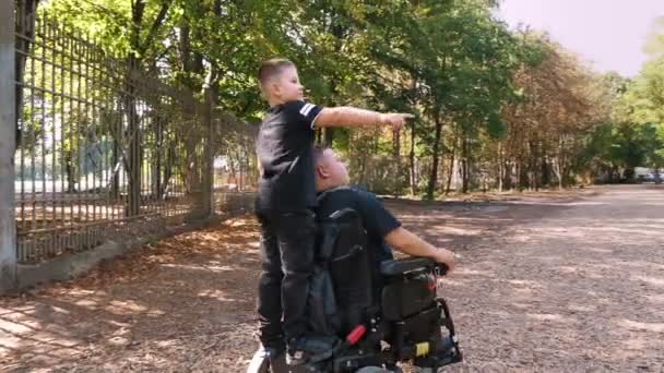 Día de los padres. persona con una discapacidad. Papá y su pequeño hijo lindo están caminando en el parque, en el día de verano. Papá es un usuario de silla de ruedas. personas con necesidades especiales. — Vídeo de stock