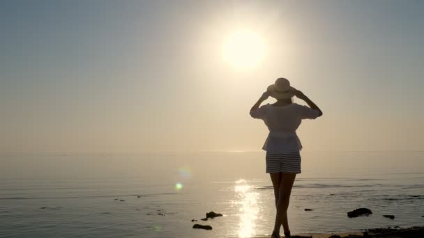 Dawn over the sea. silhouette of a young woman admiring the sunrise over the sea. Summer morning. — 图库视频影像