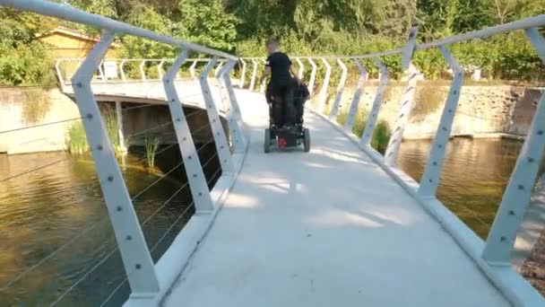 Pappadagen. person med funktionshinder. Pappa och hans son går i parken på sommardagen. Pappa använder rullstol. Bakåt. personer med särskilda behov. — Stockvideo