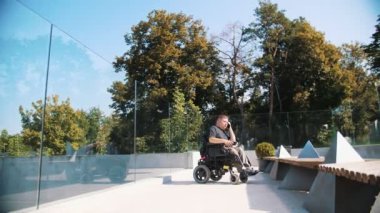 Engelli biri. tekerlekli sandalye kullanıcısı. Özel ihtiyaçları olan insanlar. Genç adam telefonda konuşuyor, parkta, yaz gününde. Tekerlekli sandalye kullanıcısı..