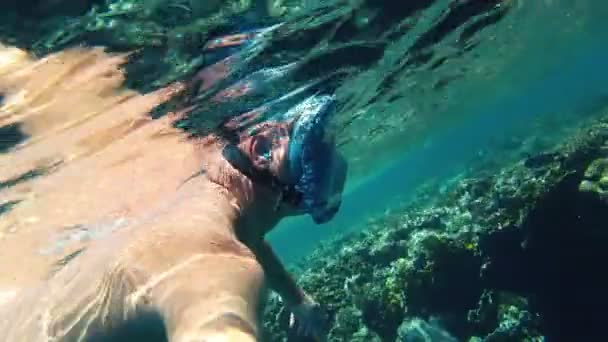 Šnorchlování. Plavání. potápění. muž v šnorchlovací masce zkoumá pod vodou korálové útesy s nespočetnými barevnými, exotickými, útesovými rybami. close-up. — Stock video