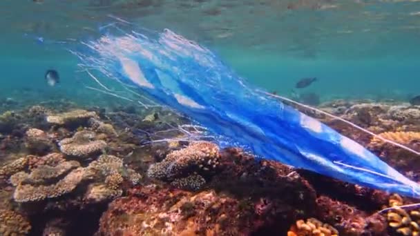 Odpadky v moři. Plastické znečištění moře. Použitý modrý plastový sáček pomalu plující pod vodou ve slunečních paprscích. Podsvícení. Problém znečištění životního prostředí plastovým odpadem — Stock video
