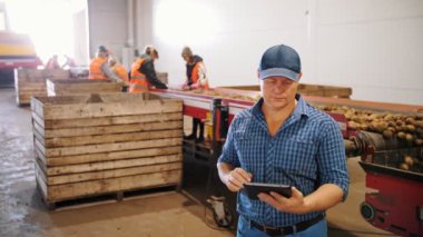 Patates hasadı. Patates ayıklama. Çiftçi, dijital tablet kullanarak patates hasadının kalitesini kontrol ediyor. İşçiler patatesleri ayırır ve toplarlar, taşıyıcı bant makinesinde, arka planda