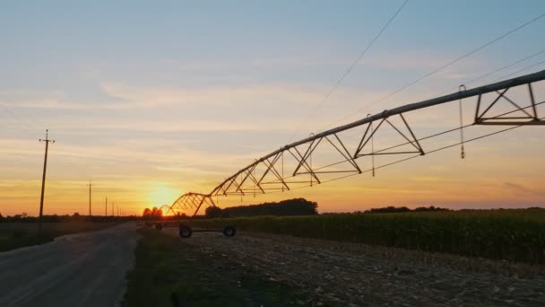 Zonsondergang boven het boerenveld. landbouwgebied bij zonsondergang. stoffige, onverharde weg langs een landbouwveld met irrigatiesysteem, bij zonsondergang. — Stockvideo