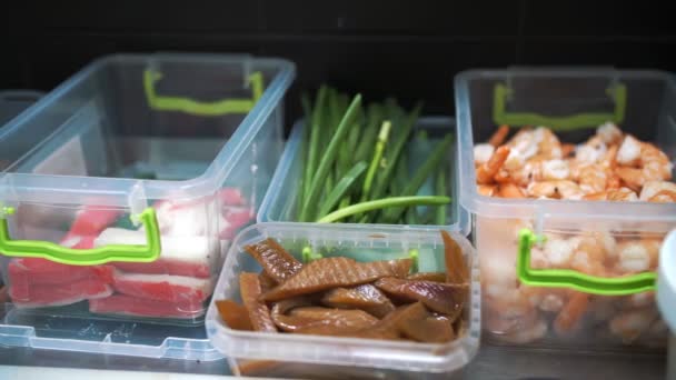 Products Plastic Containers Top View Close Seafoodcrab Sticks Sliced Cucumbers — Stock Video