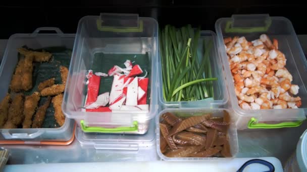 Products Plastic Containers Top View Close Seafoodcrab Sticks Sliced Cucumbers — 图库视频影像