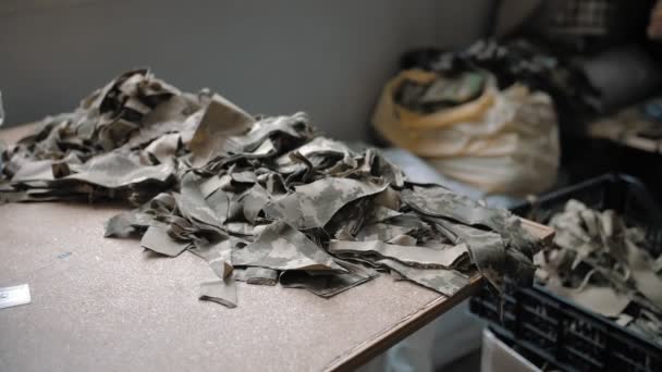 Camouflage Fabric Shreds Sewing Close Shreds Small Pieces Khaki Tissue — Vídeos de Stock