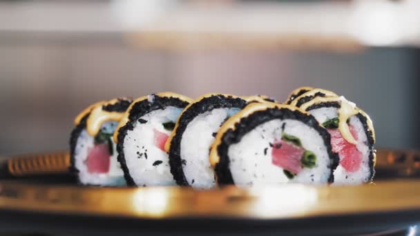 Sushi Japanese Food Close Freshly Cooked Sushi Rolls Served Black — Stockvideo