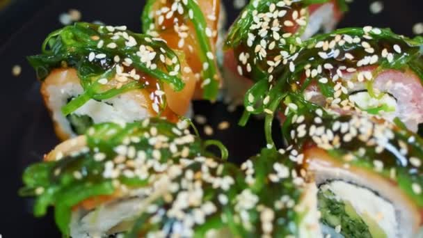 Sushi Japanese Food Close Freshly Cooked Sushi Rolls Served Black — Vídeo de stock