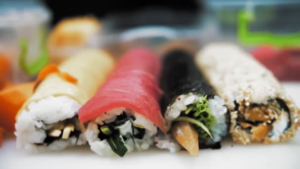 Sushi Sushi Rolls Close Variety Freshly Prepared Sushi Rolls Different — Stok video