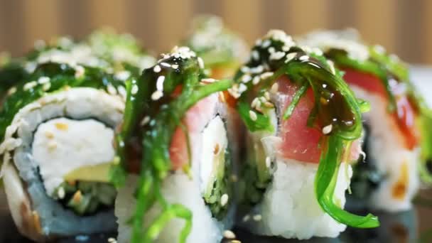 Sushi Japanese Food Close Freshly Cooked Sushi Rolls Served Black — Vídeo de Stock