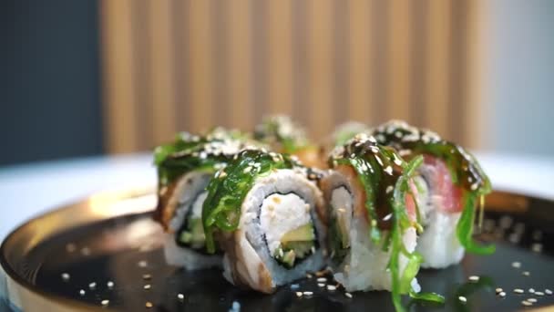 Sushi Japanese Food Close Freshly Cooked Sushi Rolls Served Black — Stock videók