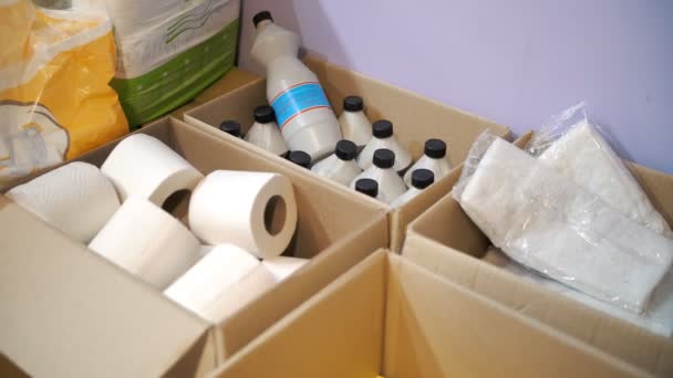 Humanitarian Aid Hygiene Products Detergents Red Cross Charity Organization Donations — 图库视频影像