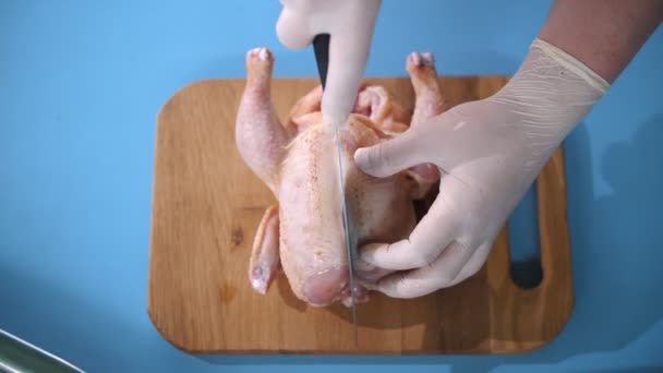 Chicken Butcher Chopping Chicken Close Top View Chef Knives Fresh — Videoclip de stoc