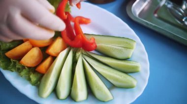 Sebze karışımı. Sebze. Yakın plan. Yuvarlak tabakta taze sebze ve yeşillik tabağı.