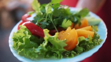 Salata. Sebze karışımı. Sebze. Yakın plan. Yuvarlak tabakta taze sebze ve yeşillik tabağı.