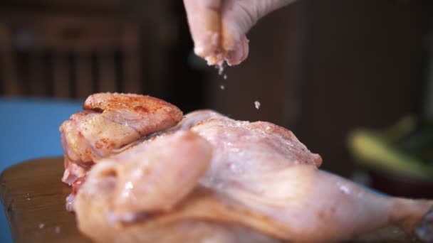 Chicken Cooking Close Chef Sprinkling Rubbing Fresh Raw Chicken Spices — Video Stock
